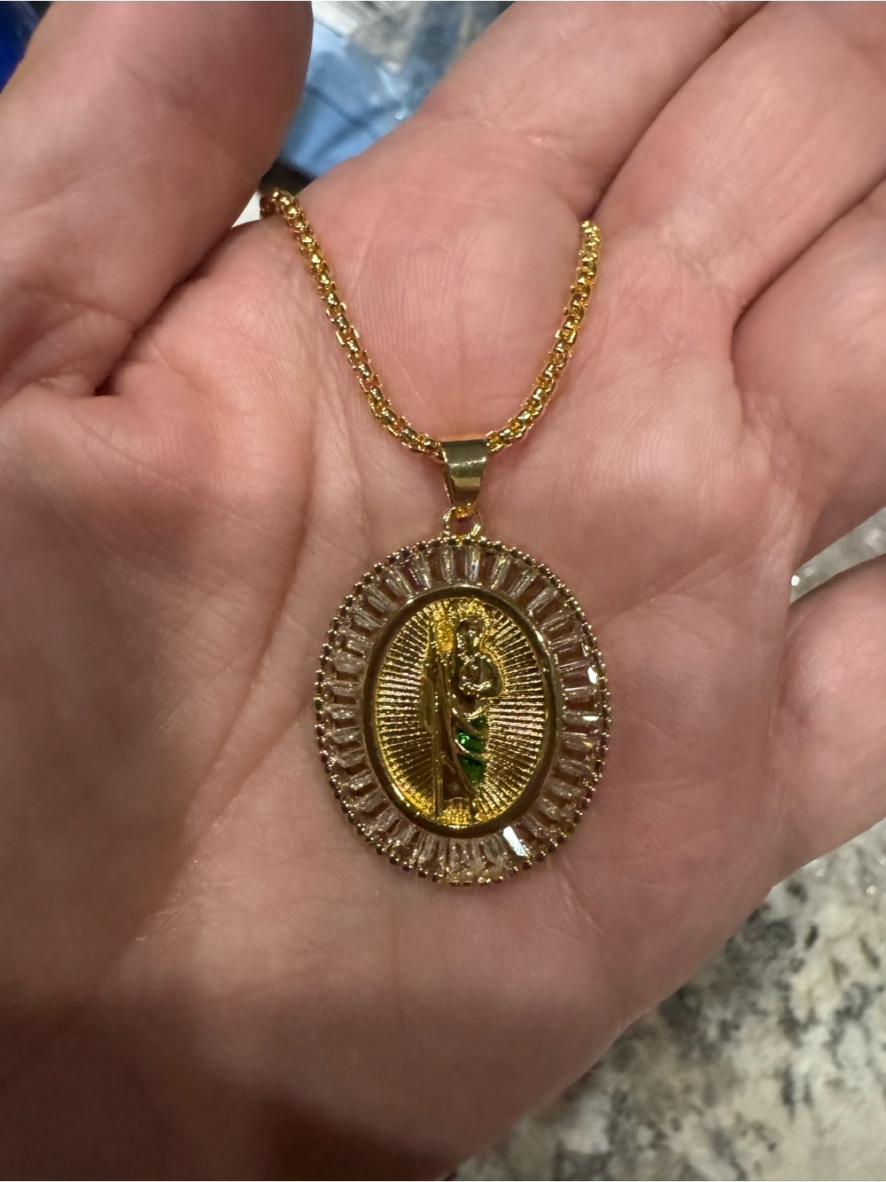 Gold-Tone Saint Jude Pendant Necklace with Green Accent